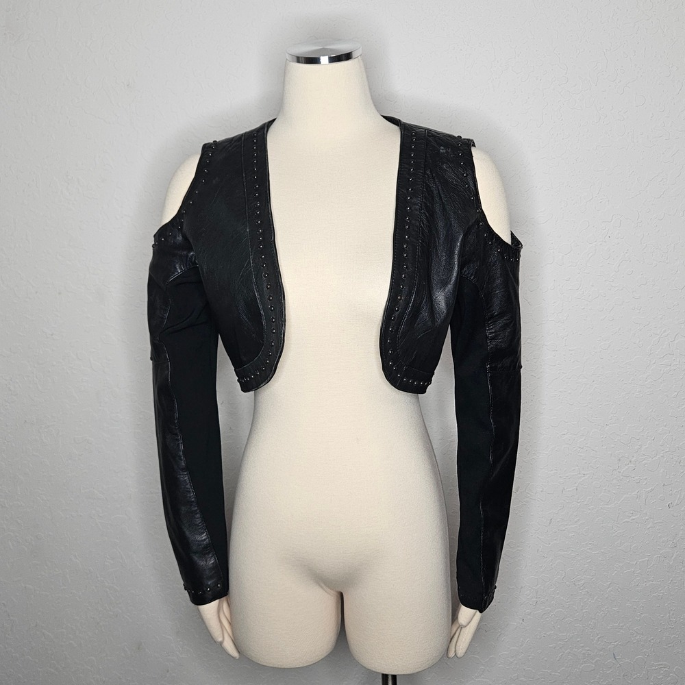 American Top Womens Black Genuine Leather Studded Cold Shoulder Bolero Shrug L